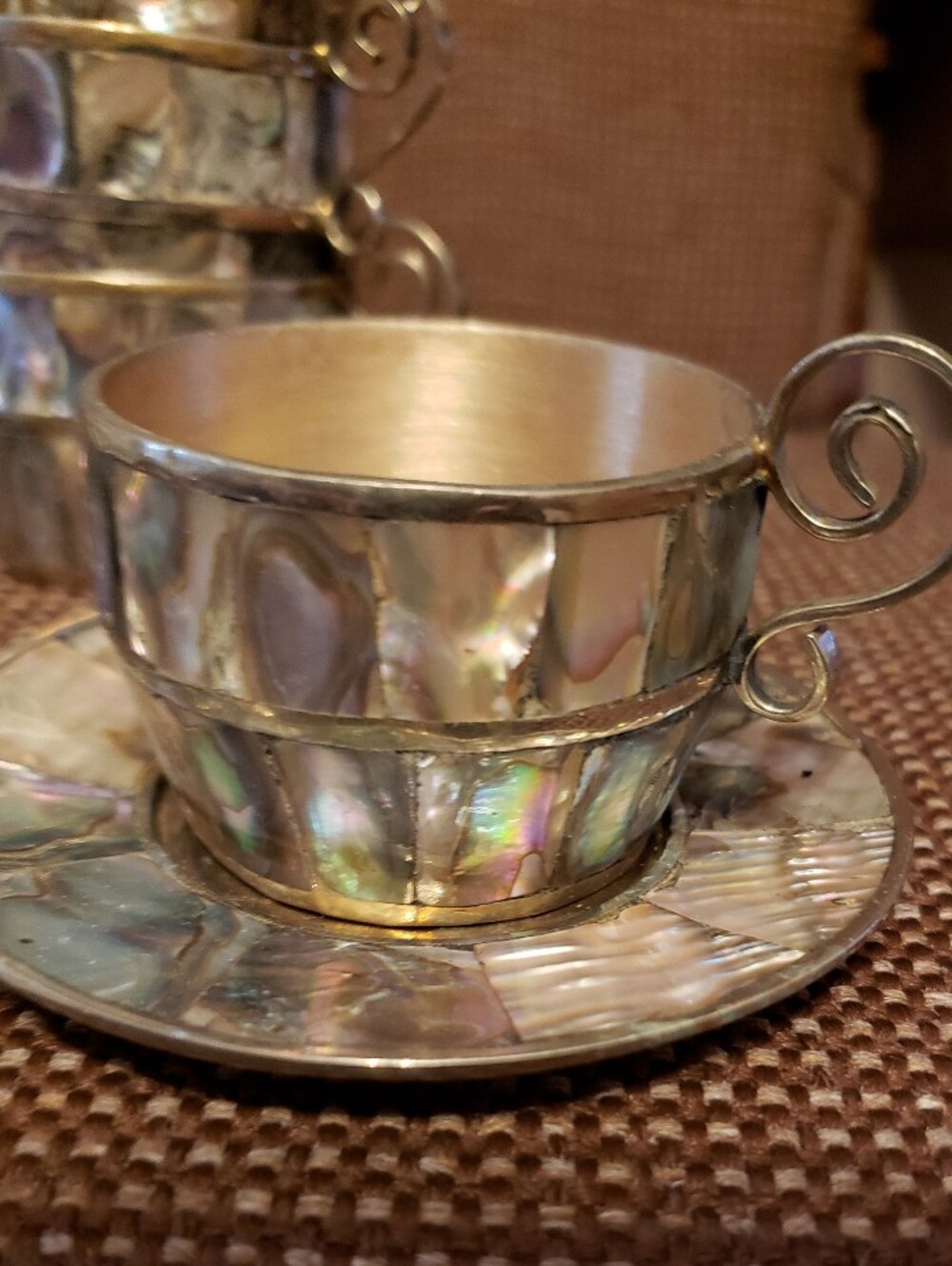 Vintage Abalone Alpaca Silver Demitasse Expresso Cups And Saucers - Picture 4 of 7